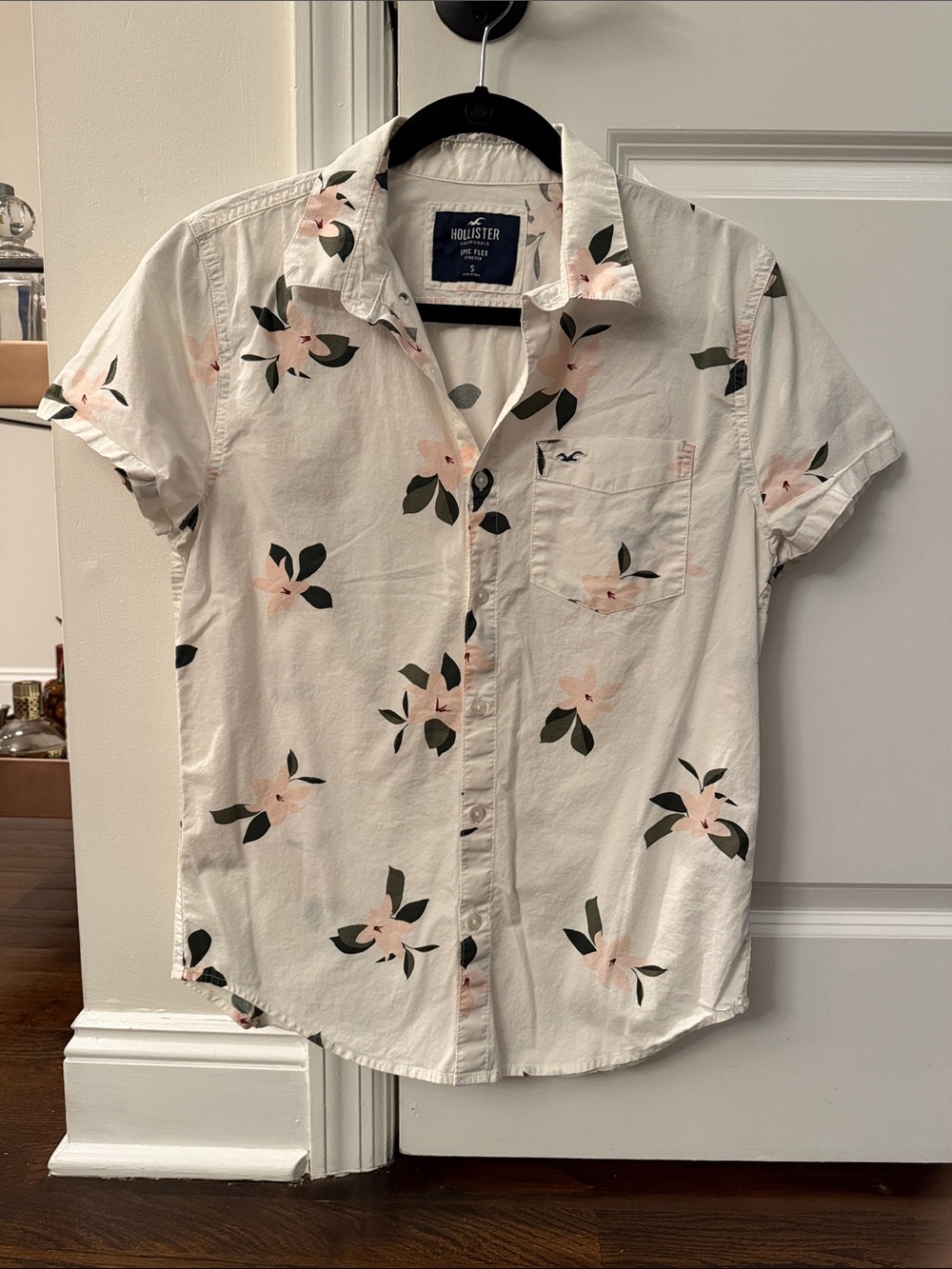 Hollister White Short-Sleeve Button-Up with Pink Floral Print